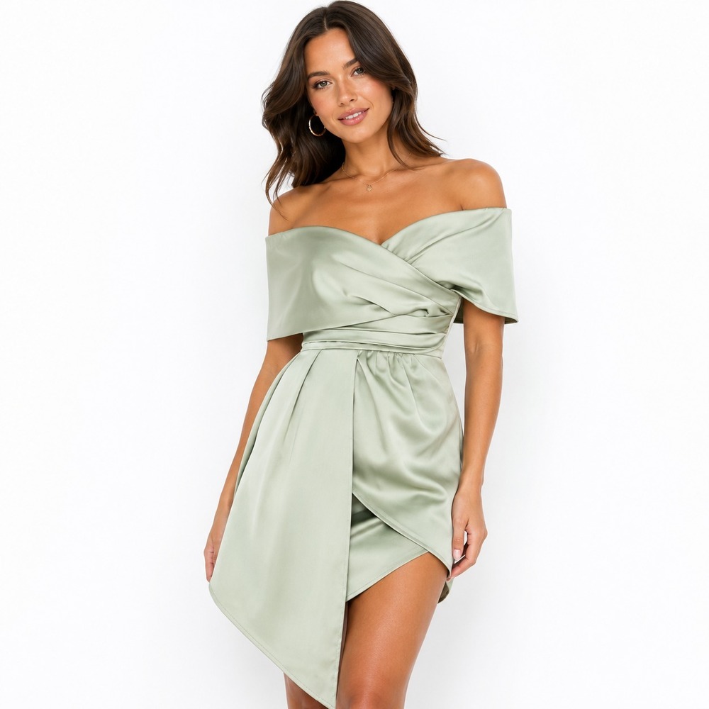 Lulus Always Celebrating Satin Mini Dress Womens Medium Sage Off Shoulder NWT